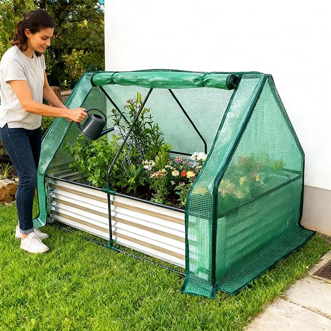 Relaxdays Raised Bed with Greenhouse for Flowers Plants and Vegetables H x W x D: 92 x 125 x 95 cm Garden Plant Bed Silver