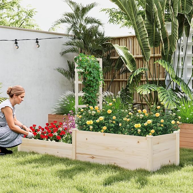 Giantex Wooden Raised Garden Bed with Trellis &amp 2 Planter Boxes Raised Bed for Vegetables Flowers Vine Fruits Herbs Gardening Planting Outdoor Garden Box for Patio Backyard Lawn