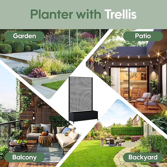 Metal Planter Box with Trellis Privacy Screen Raised Garden Bed with Trellis &amp Wheels Privacy Planters for Patio Planter Box with Drainage Holes for Climbing Plants 73x 47x 16 Black
