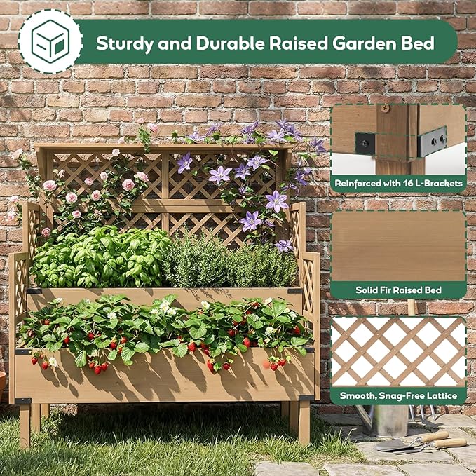 Raised Garden Bed with Trellis &amp Top Shelf Outdoor Elevated Planter Box with 2 Planting Areas Liner &amp Metal Corners for Climbing Plants Vegetables Herbs