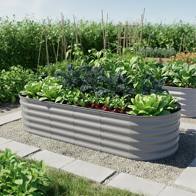 Relaxdays Raised Bed Galvanised Metal Flowers Plants &amp Vegetables H45 x W150 x D60 cm Oval Plant Bed Light Grey