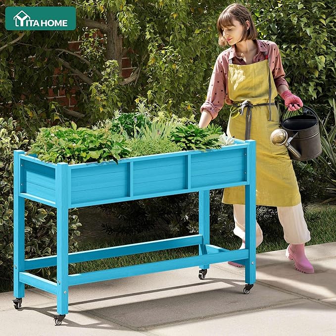YITAHOME Raised Garden Bed HDPE 47x18x31In Raised Flower Bed Poly-Wood Weather-Resistant Elevated Planter Box with Lockable Wheels for Vegetables Aruba Blue