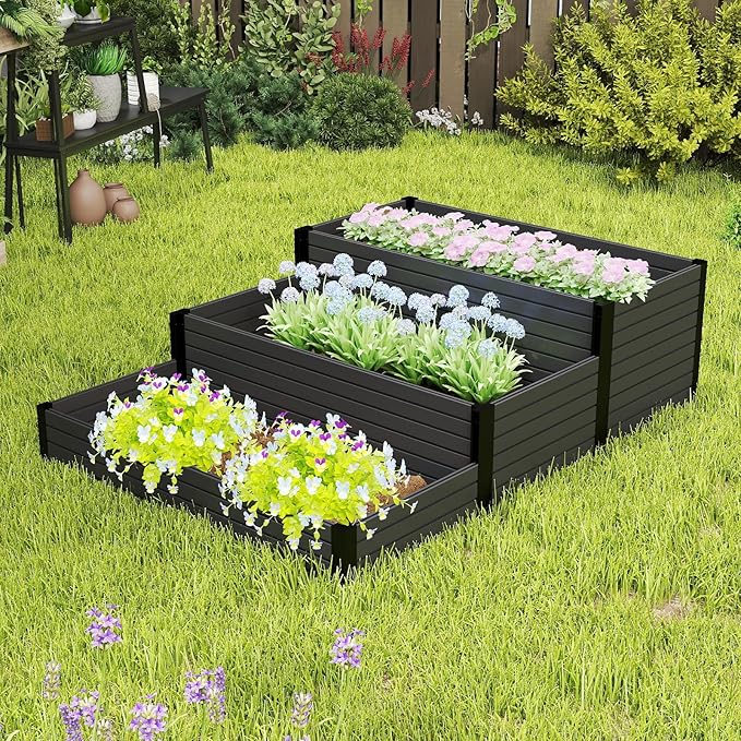 Elevated Wooden Raised Garden Planter - 3-Tier Outdoor Flower &amp Vegetable Box for Patio Backyard or Garden - Durable Weather-Resistant Design - 47.2 x 21.7 x 18.1 (Black)
