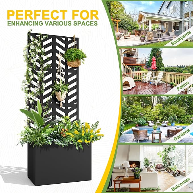 FENCY Metal Planter Box with Trellis Planter Trellis for Climbing Plants Vegetable Vines Trellis with Planter Box &amp Privacy Screen Raised Garden Bed with Drainage Holes (23.6 L x 63 H/Arrow)