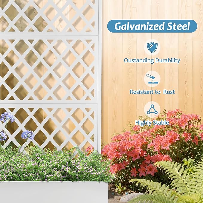 Metal Planter Box with Trellis &amp Wheels Raised Garden Bed with Privacy Screen Outdoor Standing Flower Beds with Drainage Hole for Climbing Plants Vine 35.4 L x 15.7 W x 70.9 H White