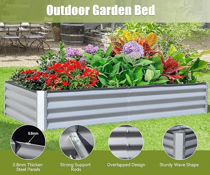 6x3x1ft Galvanized Raised Garden Bed Outdoor Planter GBoxes Large Metal Planter Box for Gardening Vegetables Fruits Flowers Silvery