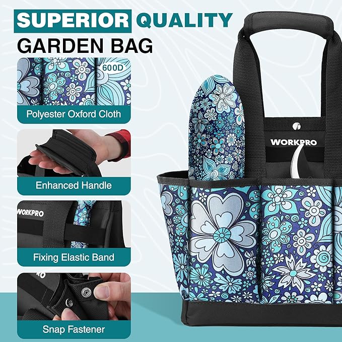 WORKPRO 5PCS Garden Tool Set Aluminum Heavy Duty Gardening Tool Set with Garden Tool Bag Outdoor Garden Hand Tools Floral Blue