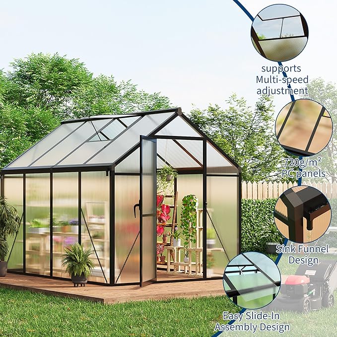 6X8 FT Outdoor Polycarbonate Greenhouse Sturdy Aluminum Frame Adjustable Roof Vent Ideal for Backyard Patio or Garden All-Weather Green House for Growing Plants and Vegetables