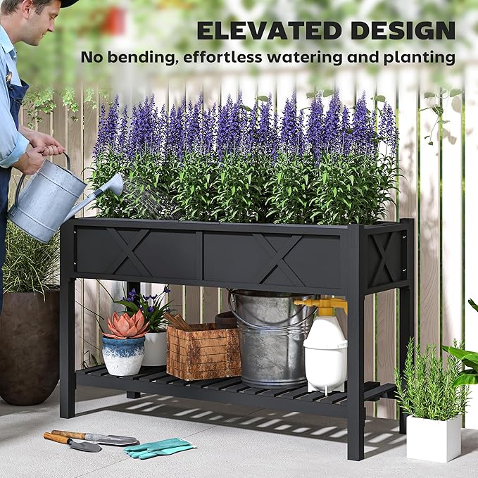 Outsunny Raised Garden Bed Elevated Wood Planter Box with Storage Shelf Drainage Holes and Liner for Backyard Patio Balcony 47 x 22 x 31.5 in Black