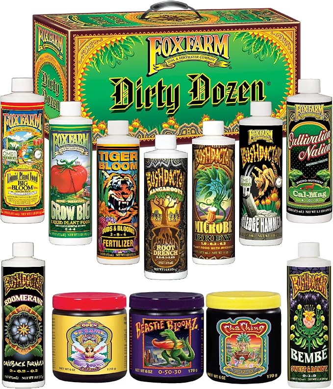 FoxFarm Dirty Dozen Liquids &amp Solubles Starter Pack - 3 Solubles (Open Sesame Beastie Bloomz Cha Ching) &amp 9 Pint Liquids (Big Bloom Tiger Bloom Grow Big &amp More) for Gardening Success