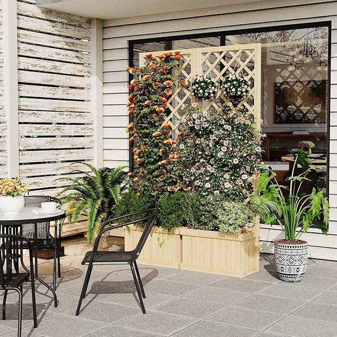 Cedar Privacy Screen with Planter Box - 2-Panel 65 Tall Outdoor Divider Freestanding Garden Fence with Raised Bed &amp Drain Holes for Patio Deck Backyard (Natural Wood)