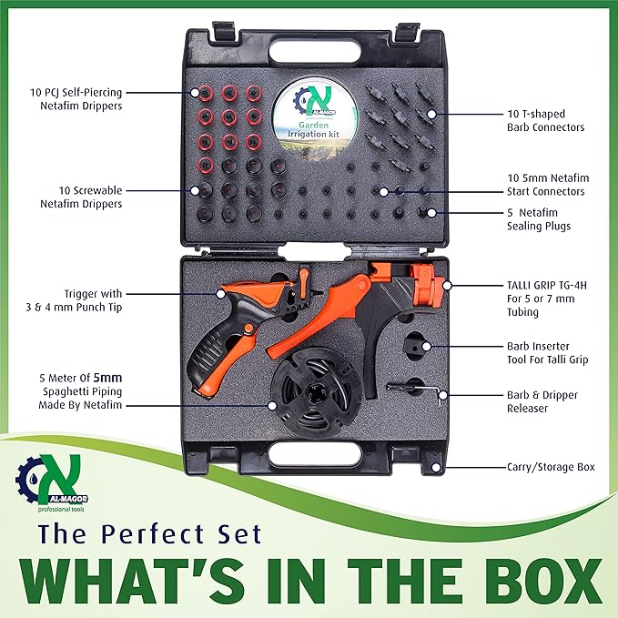 Al-Magor Garden Irrigation Kit: Complete Set for Installing Inserting Sprinklers Drippers in PE Tube Pipes with Tools Plugs Connectors and Case
