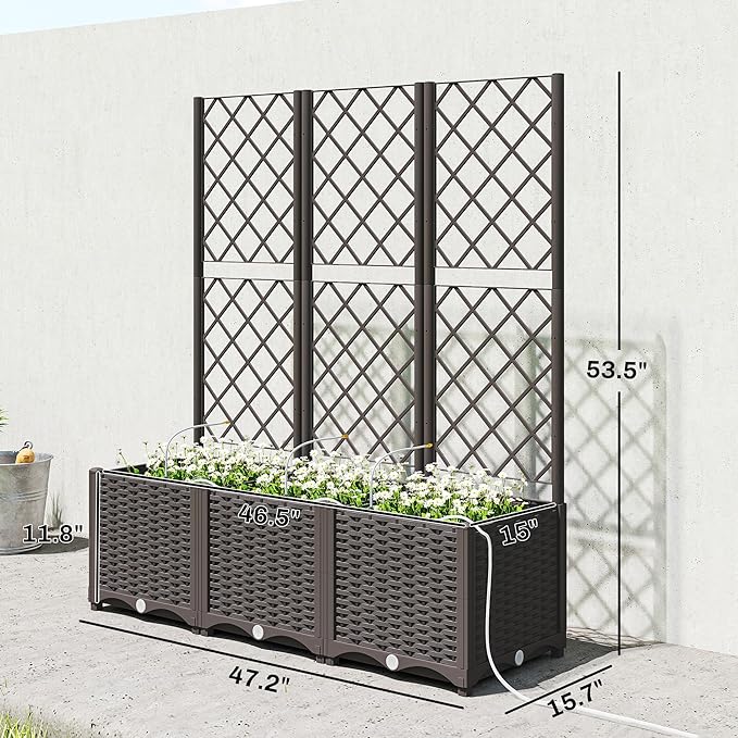 Outsunny 3PCS Plastic Planter Box with Trellis Self-Watering Raised Garden Bed with Trellis and Automatic Watering Timer Kit Outdoor Raised Planter with Drainage Holes Plugs and Water Reservoir