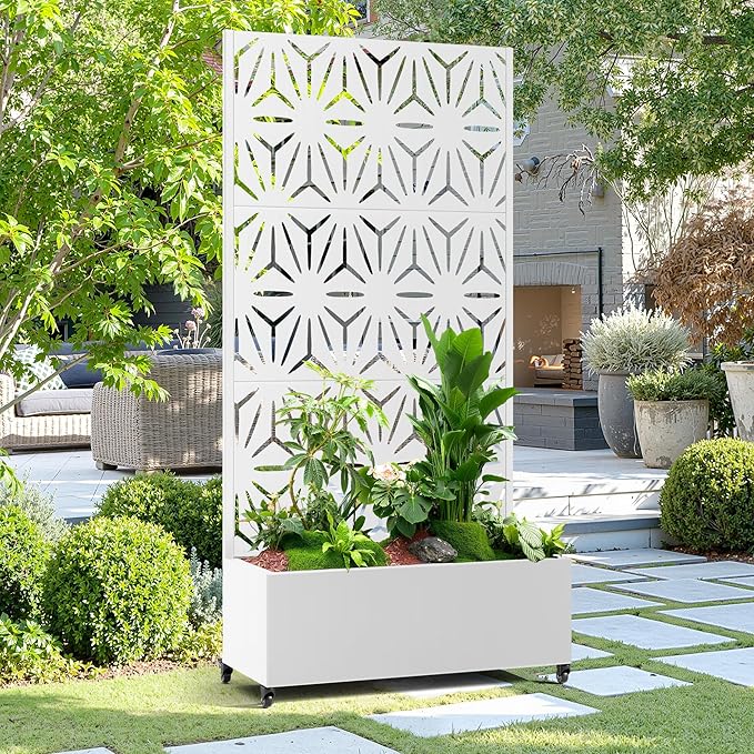 15.7×70.9×35.4 Metal Raised Garden Bed with Trellis and Wheels - Tall Trellis Planter Box for Climbing Plants Vegetables &amp Vines - Outdoor Privacy Planters for Patio (White-Star)