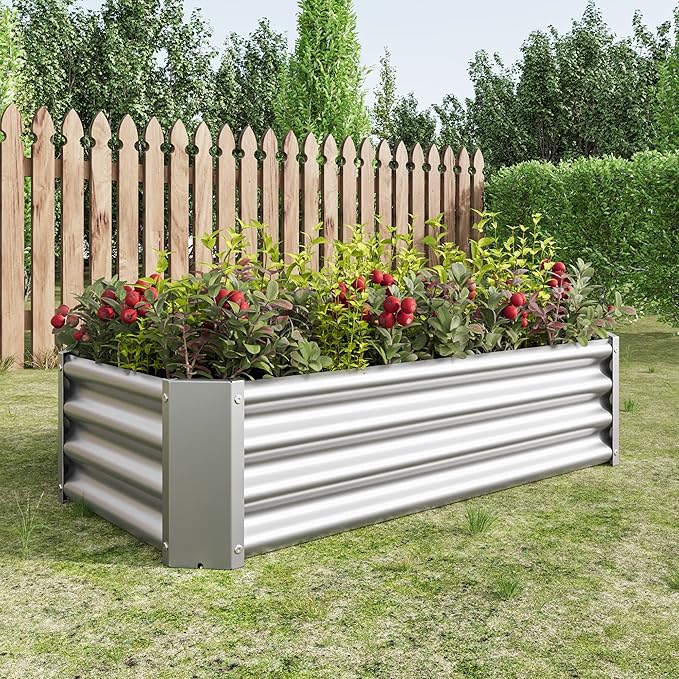 Metal Raised Garden Bed Rectangle Raised Planter 4×2×1ft for Flowers Plants Vegetables Herb (Silver)