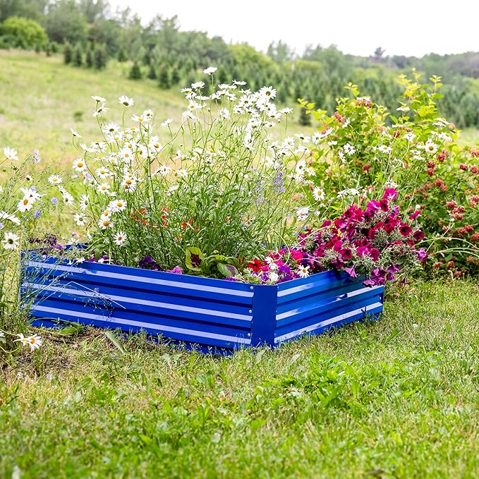 Sunnydaze Galvanized Raised Garden Bed - Metal Raised Bed for Gardening - Outdoor Planter Box for Flowers Plants and Vegetables - Blue - 12” H Square