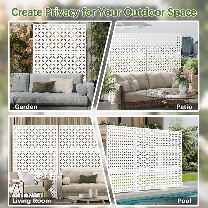 Cofar Metal Privacy Screen Outdoor 72 H×44 W -White Freestanding Outdoor Privacy Panels with Stand Decorative Fence for Patio Deck Balcony（Clover）
