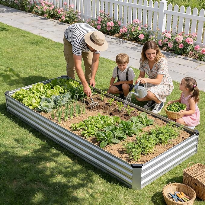 Galvanized Raised Garden Bed Outdoor | Metal Raised Garden Bed for Gardening 2Pack | Large Planter Box for Vegetables Flowers Fruits | Easy Assembly &amp Safety Design Flower Beds 8x4x1ft Silver