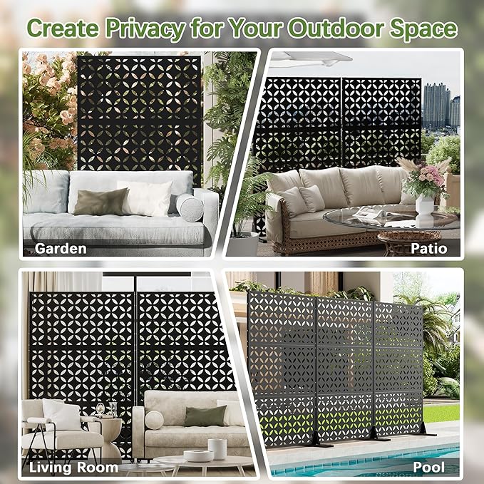 Cofar Metal Privacy Screen Outdoor 72 H×44 W -Black Freestanding Outdoor Privacy Panels with Stand Decorative Fence for Patio Deck Balcony（Clover）