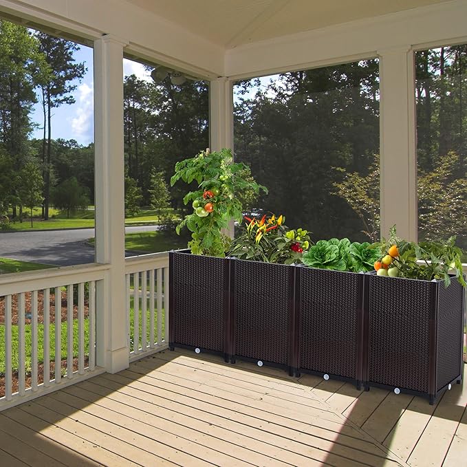 D'vine Dev Raised Patio Planter Box - Elevated Planter with Drainage Plug Raised Garden Beds for Growing Flowers Herbs Vegetables - Outdoor Standing Gardening Kit Set of 4 RGB-D-4N