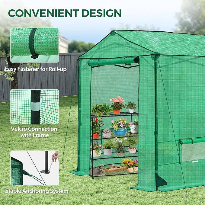 6x6 Pop Up Greenhouse Instant Walk in Green House with PE Cover Power Ports Roll up Doors &amp Windows for Indoor Outdoor Plant Growing Green