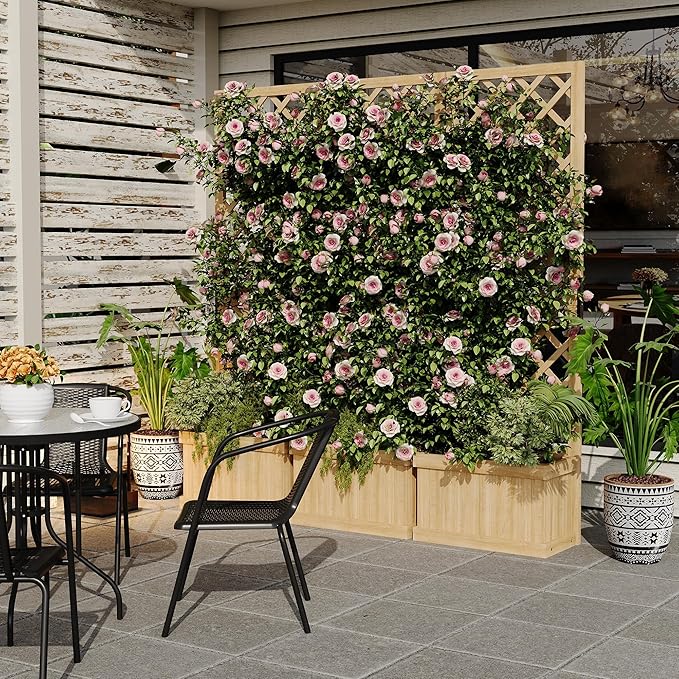 Cedar Privacy Screen with Planter Box - 3-Panel 65 Tall Outdoor Divider Freestanding Garden Fence with Raised Bed &amp Drain Holes for Patio Deck Backyard (Natural Wood)