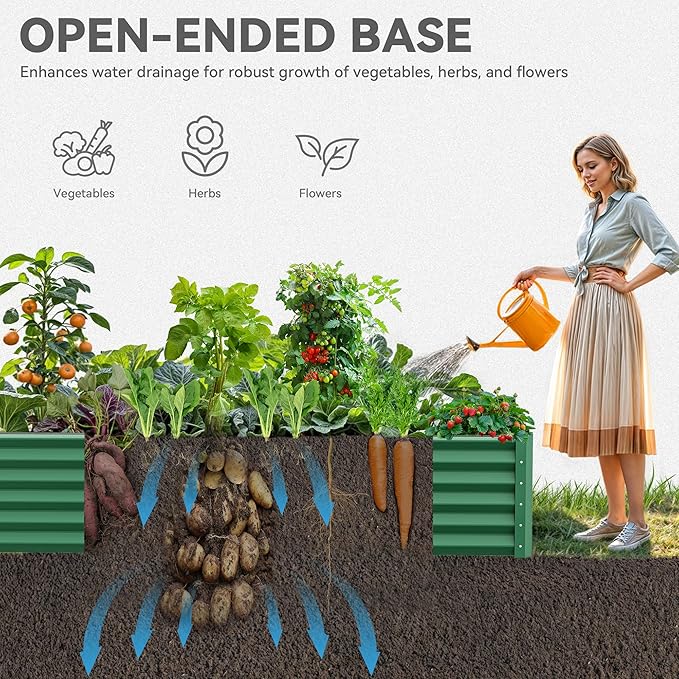 YITAHOME 2pcs 8x4x1.5 in Galvanized Raised Garden Bed Kit Large Metal Planter Box with Gloves Safety Rubber &amp Support Rod Outdoor Flower Bed for Plants Vegetables Green
