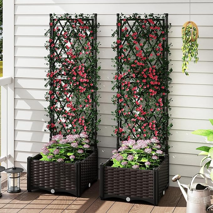 Giantex Raised Garden Bed with Lattice Trellis Self-Watering Planter Box with Drain Hole for Vine Vegetable Herb Flower Fruit Indoor Outdoor Standing Privacy Fence for Yard Porch Balcony