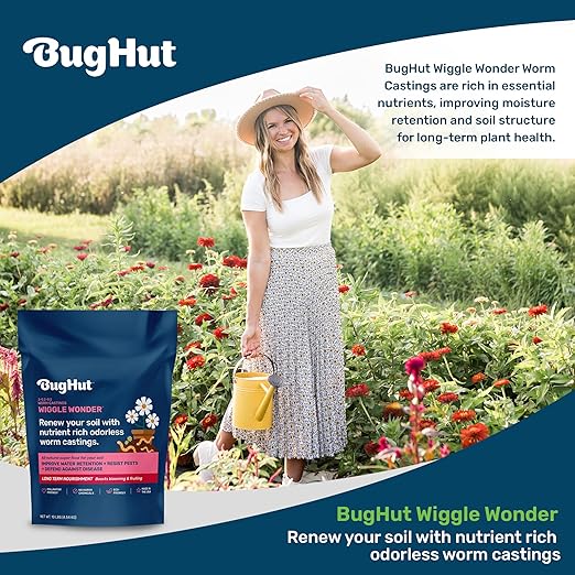 BugHut Wiggle Wonder Organic Worm Castings for Plants - Nourishing Plant Food Enhances Soil Structure Retains Moisture Ideal for Indoor and Outdoor Plants Vegetables Herbs Flowers - 10 lb Bag