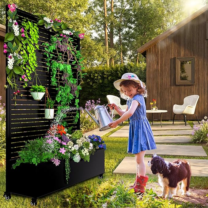 Metal Planter Box with Trellis 72.1x47.2x16 Outdoor Galvanized Raised Garden Bed with Privacy Screen &amp Drainage Holes &amp Lockable Casters for Climbing Plants Vegetable (Louvered-Black1)