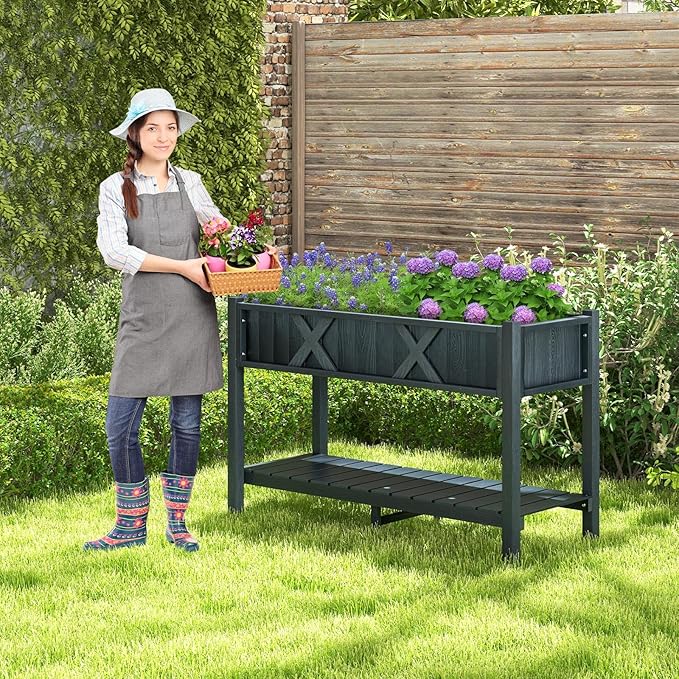 Raised Garden Bed with Legs 47 x 18 x 29 Inch Elevated Planter Box w/HIPS Frame Drainage Holes &amp Storage Shelf Standing Raised Planter for Flowers Herbs Outdoor Balcony Backyard (Black)