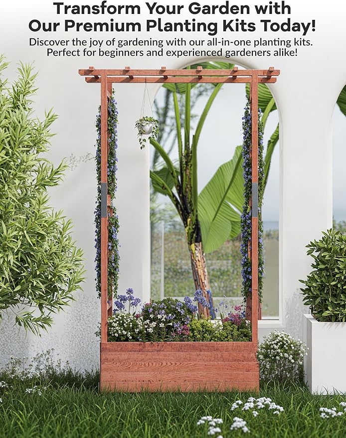 Raised Garden Bed with Trellis Wood Planter Box with Hanging Roof Side Trellis 4 Drainage Holes Elevated Garden Bed for Outdoor Climbing Plants Vines Patio 43.3''x17.3''