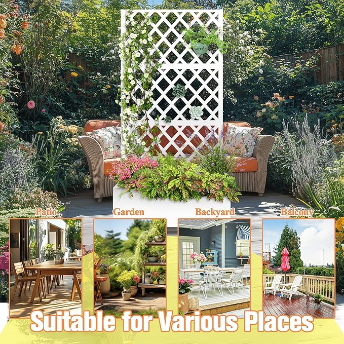 Metal Raised Garden Bed with Diamond Lattice Trellis Outdoor Planter Box for Climbing Plants Vegetables Vines Galvanized Garden Box with Drainage Holes and Wheels White (35.4L x 16.7W x 73.2H)