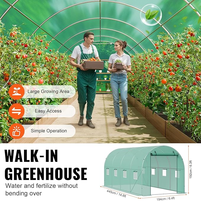 VEVOR Walk-in Tunnel Greenhouse 14.6x6.4x6.3 ft Hoop House Greenhouse Tunnel Plant Hot House with Galvanized Steel Frame Green PE Cover Roll-up Zipper Door and 8 Windows for Outdoor