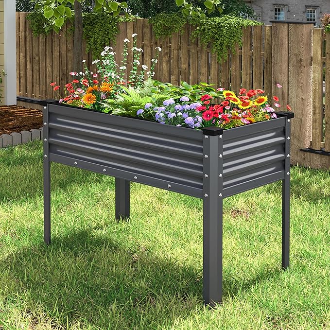 MUPATER Galvanized Steel Raised Garden Bed with Legs 48 L x 24 W x 32 H Large Metal Elevated Raised Planter Box with Detachable Black Liner for Backyard Garden Balcony Gray