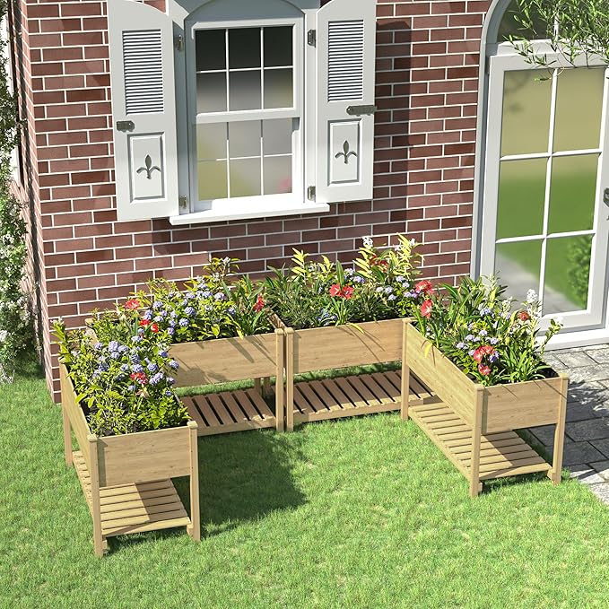 Kullavik 4 pcs Raised Garden Bed with LegsOutdoor Elevated Cedar Wood Planter Box with Storage Shelf for Vegetables/Flowers/Herbs in Balcony/Backyard/Patio220lb Capacity-Natural