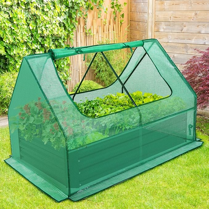 EAGLE PEAK 4x3x1 ft Outdoor Galvanized Steel Raised Garden Bed with Greenhouse 2 Zippered Windows Planter Kit Box Thick Steel Flower Bed for Herbs Fruits and Vegetables Green