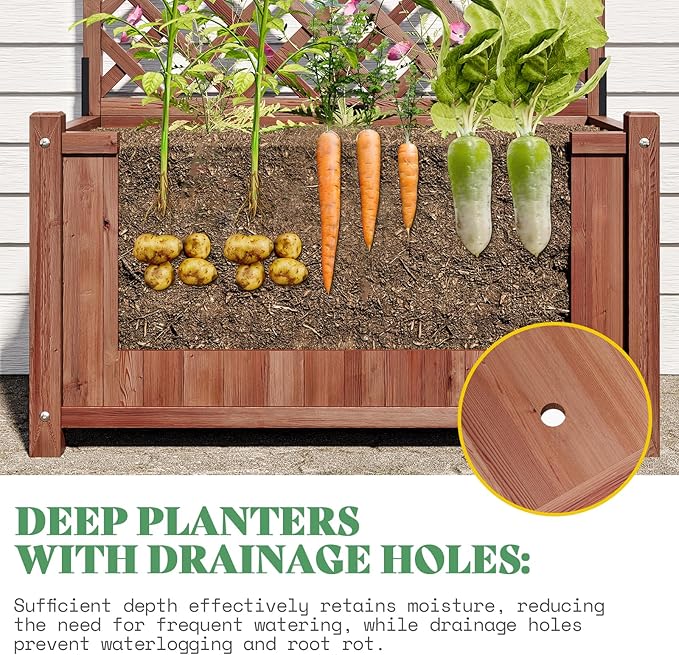 AMERLIFE Raised Garden Bed with Trellis for Vegetables Climbing Plants Durable Natural Wood Planter Box with Drainage Holes Privacy Planter for Outdoor Yard &amp Patio Easy Assembly