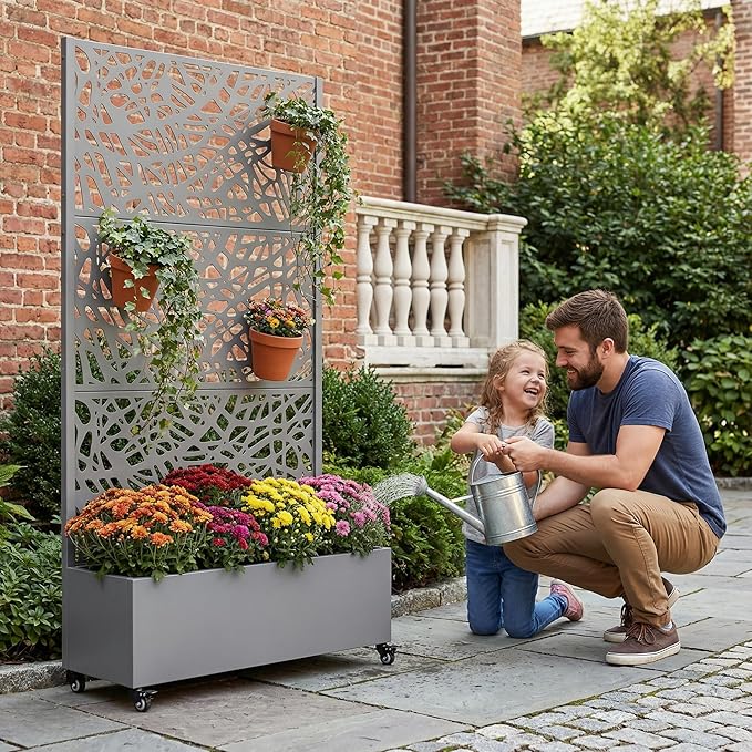 Casaphoria Metal Raised Garden Bed with Trellis and Wheels 72x35x16 Planter Box for Climbing Plants Vegetables &amp Vines Features Drainage Holes and Privacy Screen Grey-Net