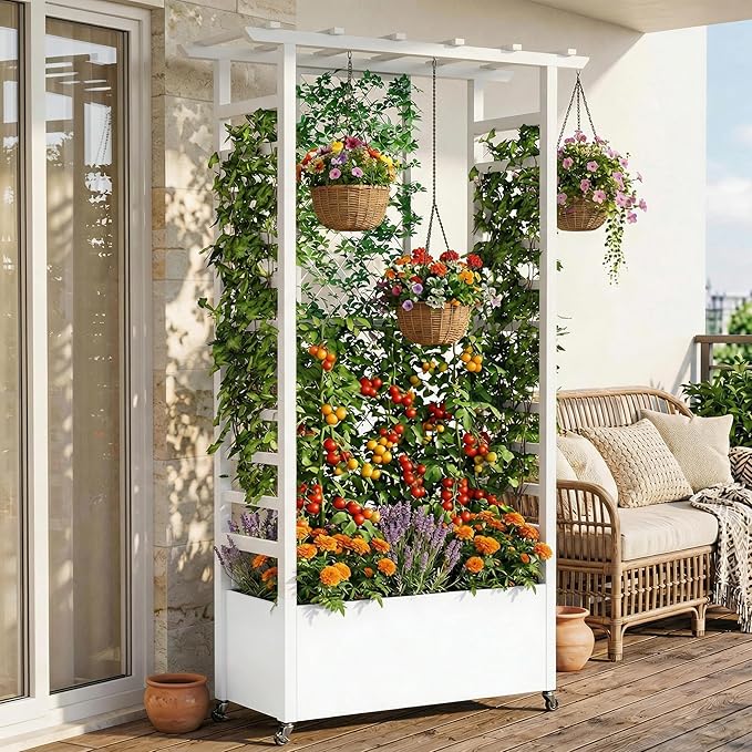 74 Mobile Planter with TrellisWeatherproof Vertical Raise Garden Bed with Trellis &amp Hanging Roof for Climbing PlantsFlowersVegetablesRust-Proof Metal Privacy Planter for Patio (White-A)