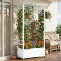 74 Mobile Planter with TrellisWeatherproof Vertical Raise Garden Bed with Trellis &amp Hanging Roof for Climbing PlantsFlowersVegetablesRust-Proof Metal Privacy Planter for Patio (White-A)
