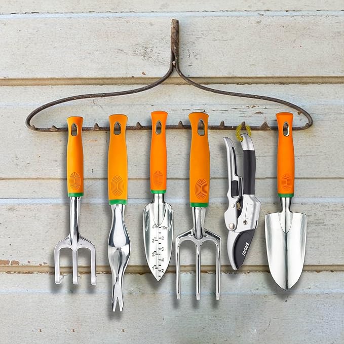 UKOKE Garden Tool Set 12 Piece Aluminum Hand Tool Kit Garden Canvas Apron with Storage Pocket Outdoor Tool Heavy Duty Gardening Work Set with Ergonomic Handle Gardening Tools for women men