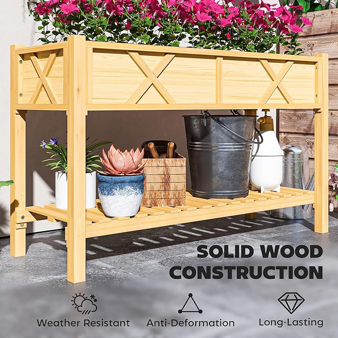 Dual Tier Elevated Wood Planter BoxRaised Garden Bedwith Storage ShelfDrainage Holesand Liner