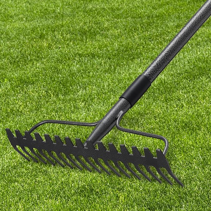 77'' Bow Rake 17 Tines Metal Head Rakes with Stainless Steel HandleHeavy Duty Garden Rake for Loosening Soil Gathering Leaf Leveling Lawn Farming Land Management Yarn Thatch Rake