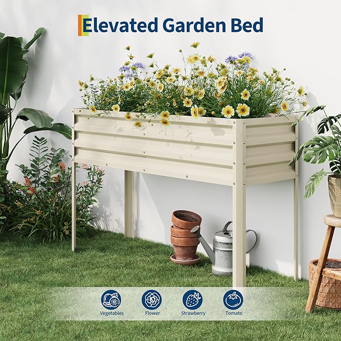 Raised Garden Bed with Self-Watering Reservoir &amp Tall Ergonomic DesignHeavy Duty 0.6mm Galvanized Steel Modular Panels &amp DrainageBeige Modular Design for Vegetables Herbs Flowers