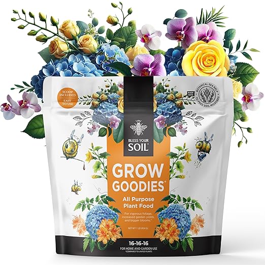 All Purpose Plant Food - Grow Goodies High-Performance Fertilizer Triple 16 NPK + Organic Superfoods and Micronutrients (Roses Vegetables Orchids Tomatoes Gardens 1LB)