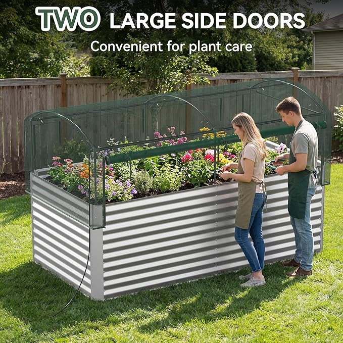 8x4x3 ft Tall Galvanized Raised Garden Bed with Self-Watering System Elevated Planter Boxes Outdoor with Mesh Cover Rectangular Deep Raised Beds for GardeningVegetablesFlower Backyard Patio