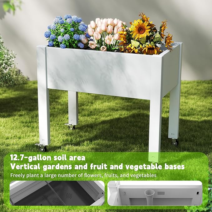 14 Gallon Raised Garden Bed with Wheels and Legs for Mobility Self-Watering Raised Planter Box with Drainage Plug and Gauge Durable Dust-Proof Resin for Garden Patio Balcony and Backyard