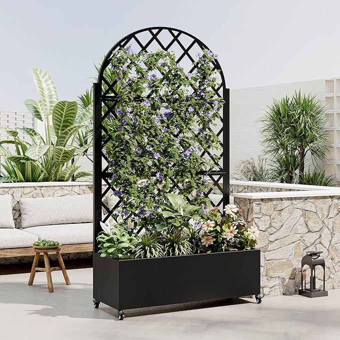 Metal Planter Box with Trellis 73-Inch Tall Raised Garden Bed with Wheels Privacy Screen Planter for Climbing Plants Vegetables &amp Vines Galvanized Steel Outdoor Privacy Shield Black (Round)