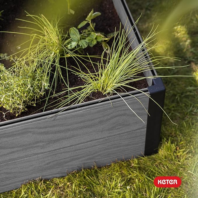 Keter 48 X 48 inches Wood Look Raised Garden Bed Durable Outdoor Herb Garden Planter for Vegetables Flowers and Succulents Grey